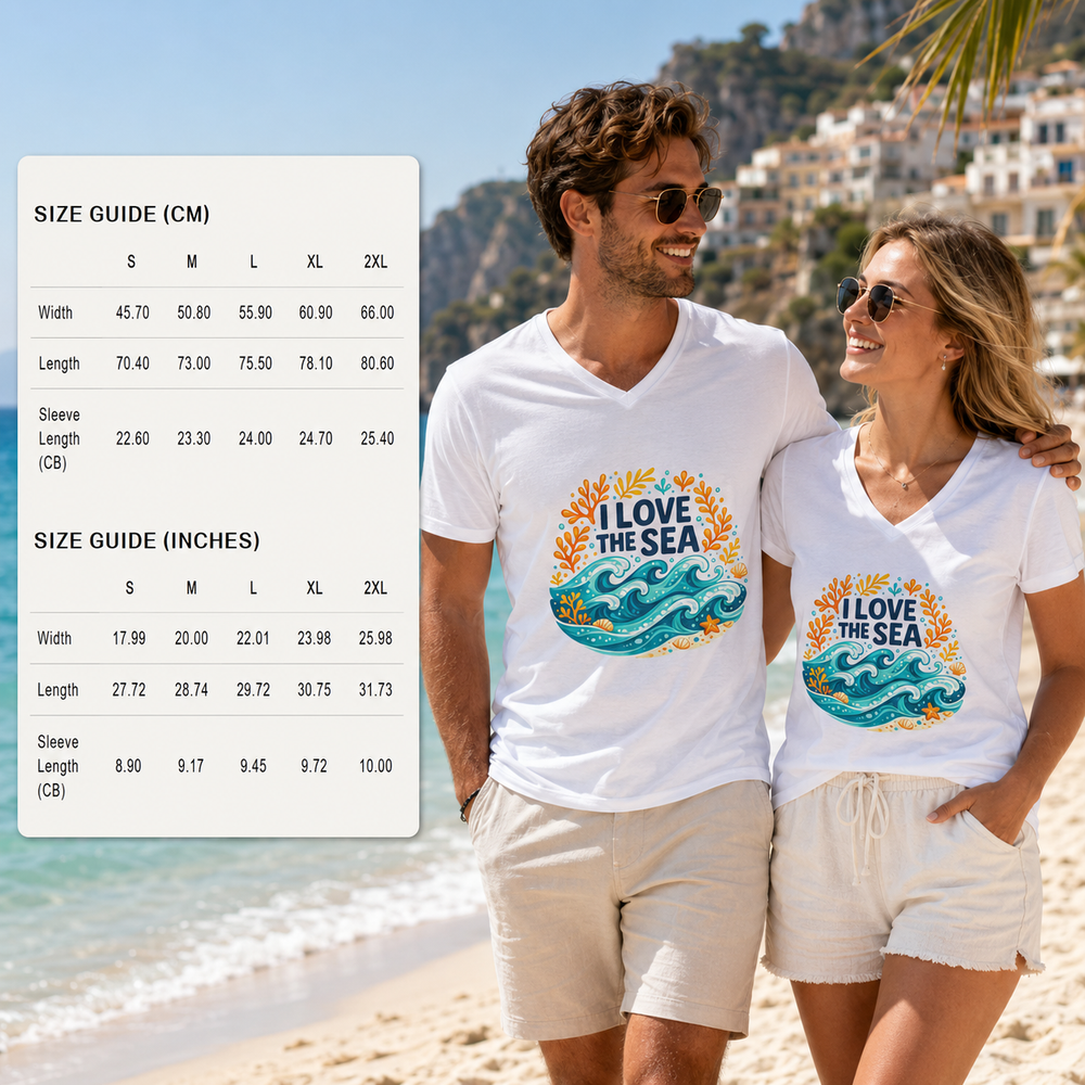 Two people on a beach wearing 'I Love the Sea' t-shirts with a size guide overlay.
