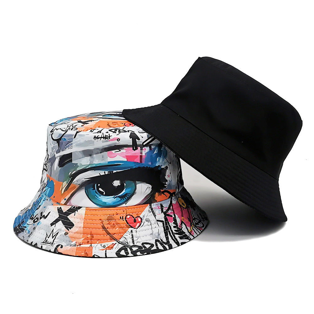 printed bucket hat white eyes design with colorful accents, packable sun hat for hiking, commuting, and weekend getaways
