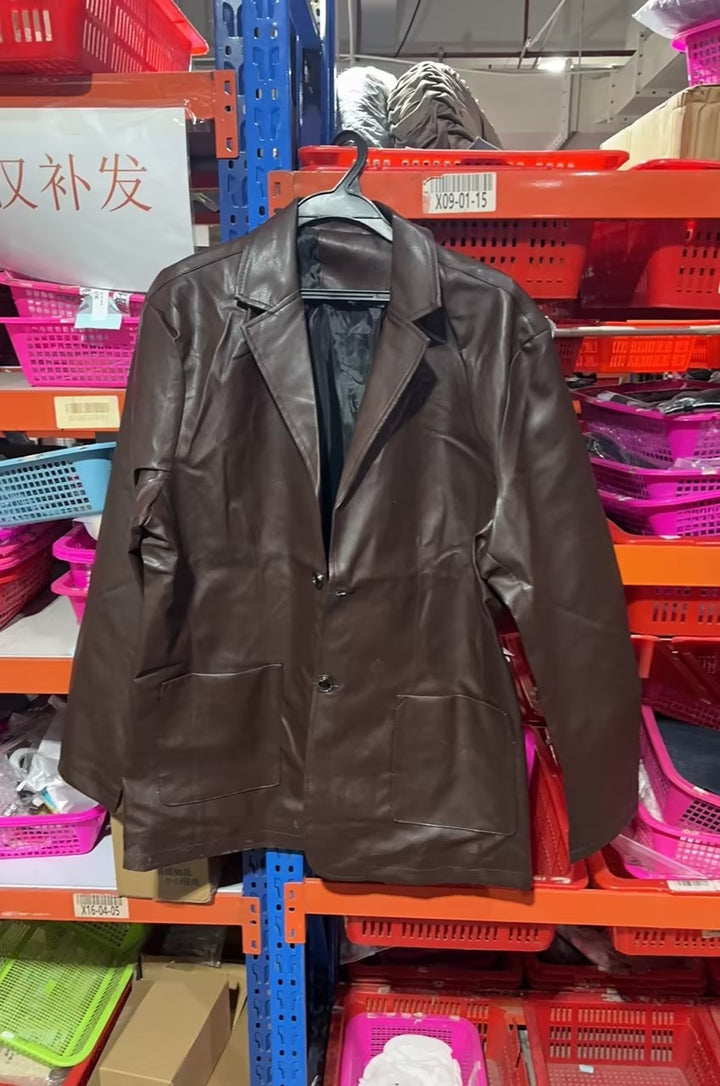 Mens PU Leather Jacket Studded Lapel Multi Pocket Style