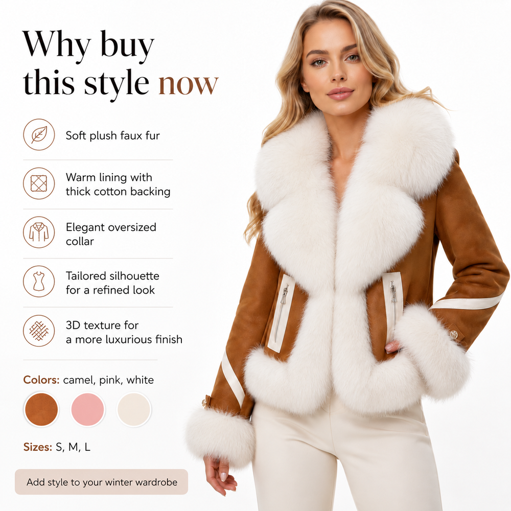 A woman models a camel-brown faux fur shearling jacket with a large white collar and cuffs, set against a clean white background with promotional text and color swatches.