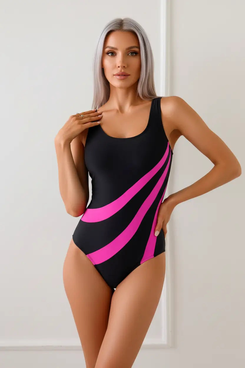 color block one piece swimsuit adjustable halter straps back support view