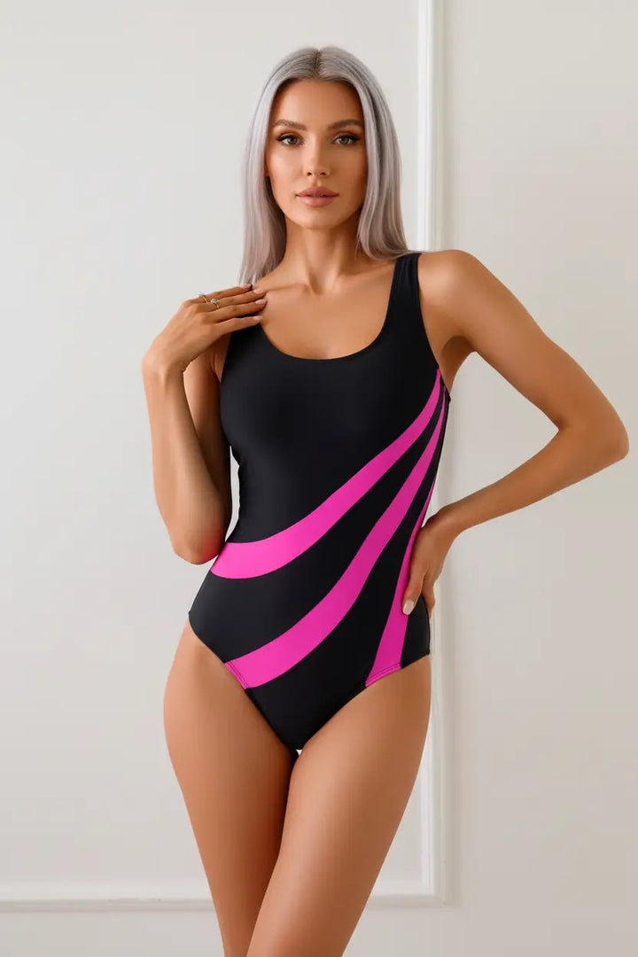 color block one piece swimsuit adjustable halter straps back support view