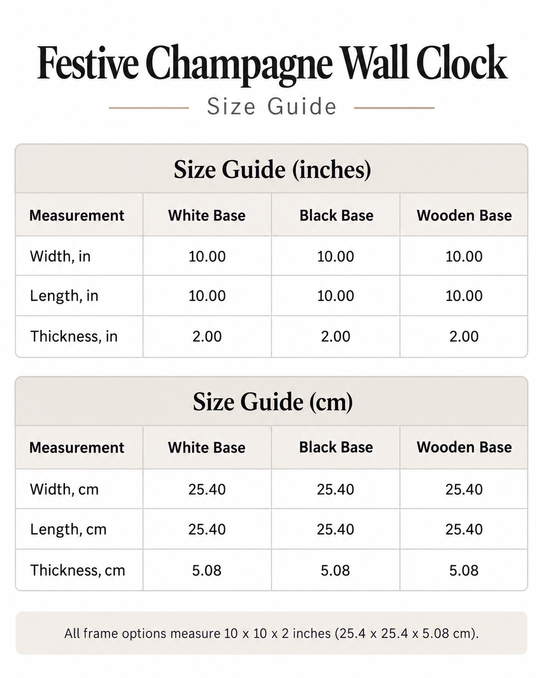 Festive wall clock size guide showing 10 x 10 x 2 inch measurements for white, black and wooden base frame options for decor.