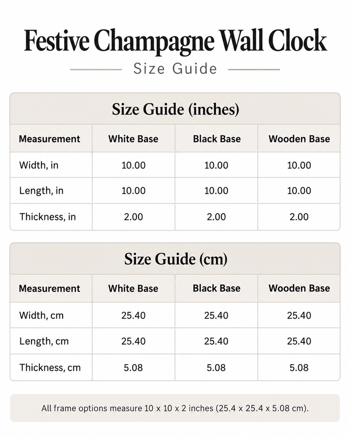 Festive wall clock size guide showing 10 x 10 x 2 inch measurements for white, black and wooden base frame options for decor.