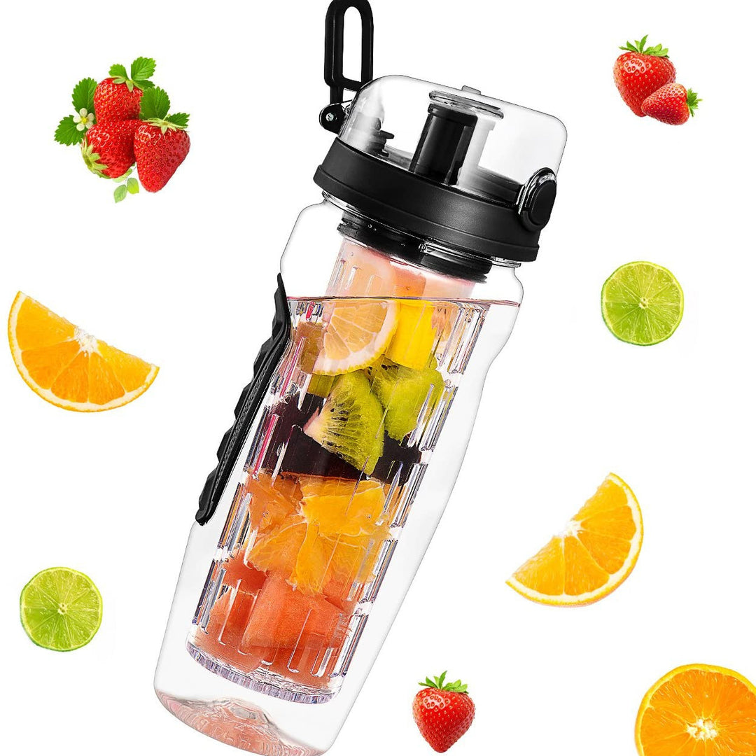 Infuser water bottle with size display and fresh fruit, shown in a bright white commercial background.