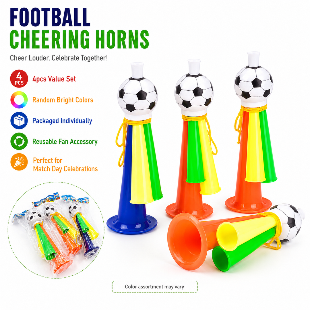 Random color football horn pack with bright segmented tubes for fan gatherings, birthday parties and sports celebrations fun!