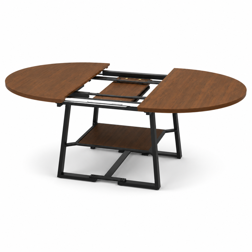 Round walnut dining table extended for 4-8 guests with balanced proportions and clean architectural metal base for modern use