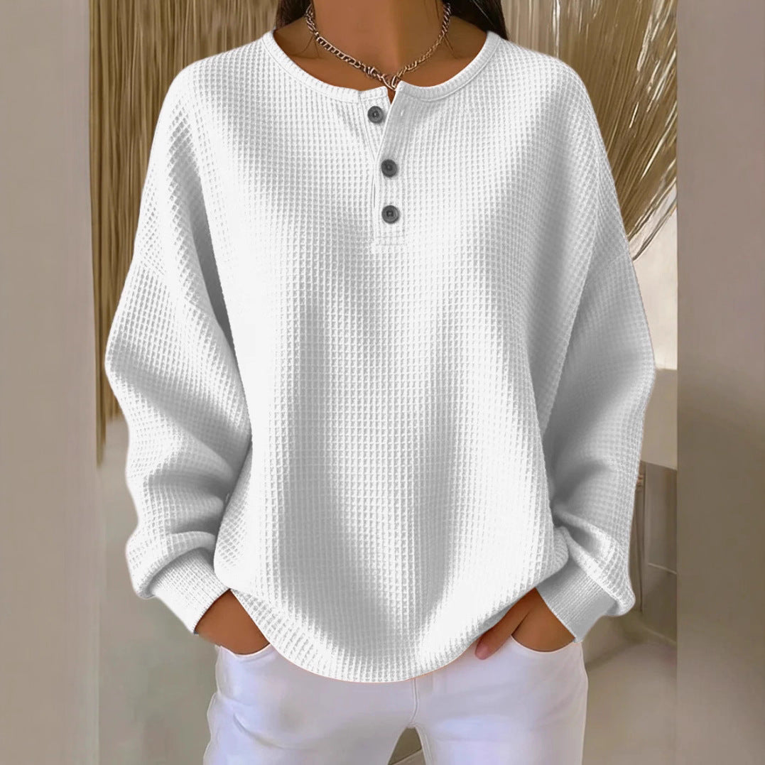 Waffle Long Sleeve T Shirt Women Loose Button Pullover Top