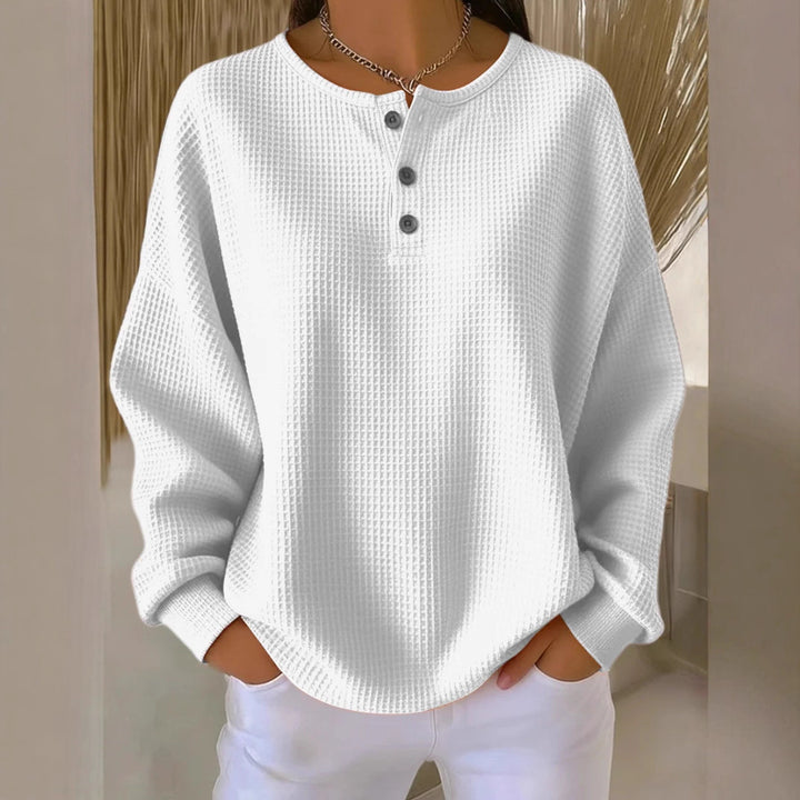 Waffle Long Sleeve T Shirt Women Loose Button Pullover Top