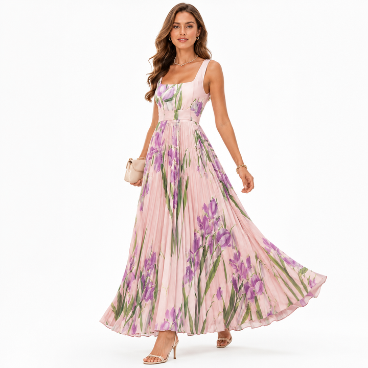 Floral print midi dress shown front view with soft movement and feminine summer fit