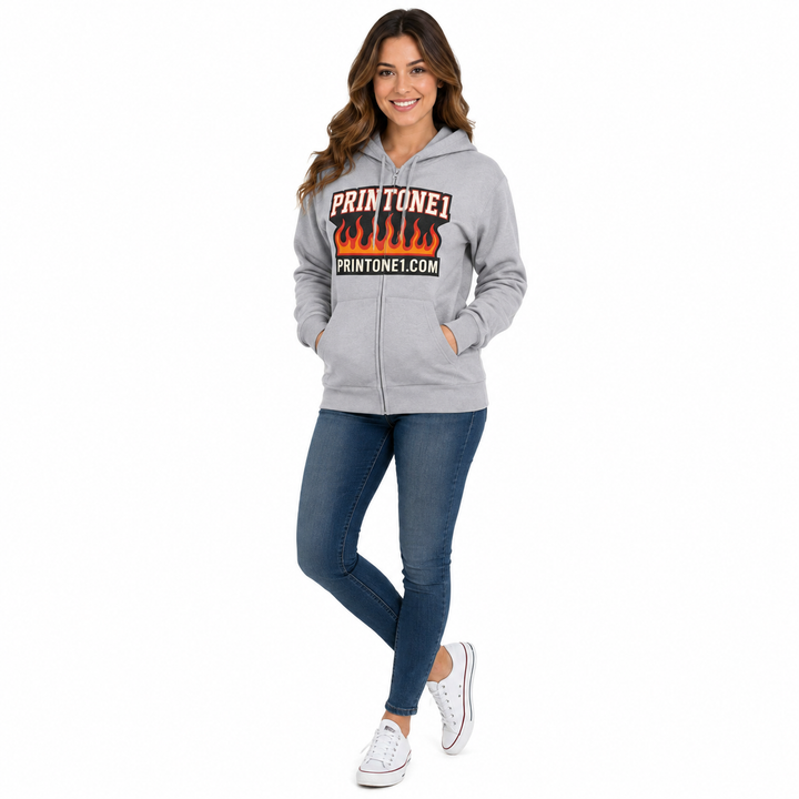 Female model wearing Heather Grey flame graphic zip hoodie on white background