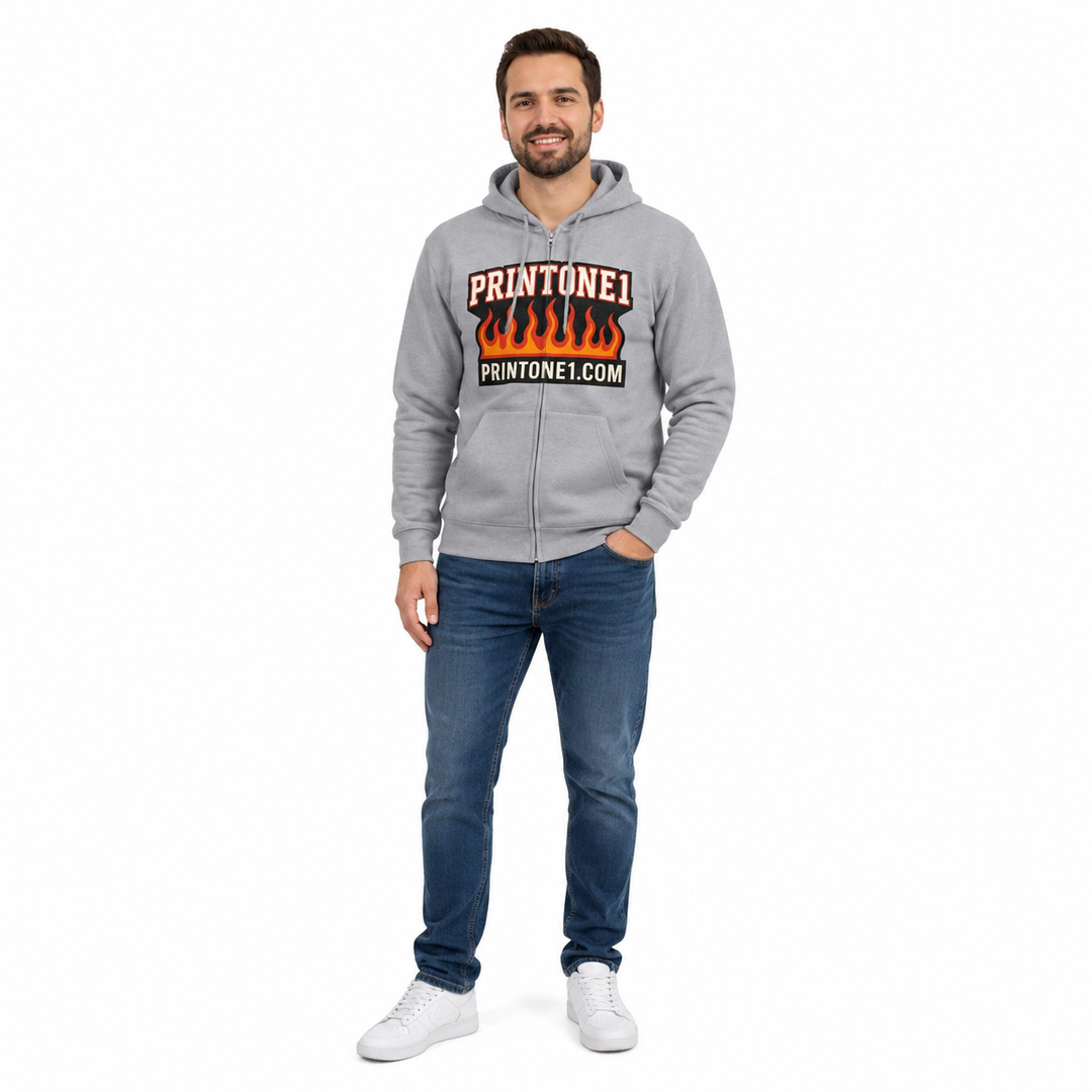 Male model wearing Heather Grey flame graphic zip hoodie on white background