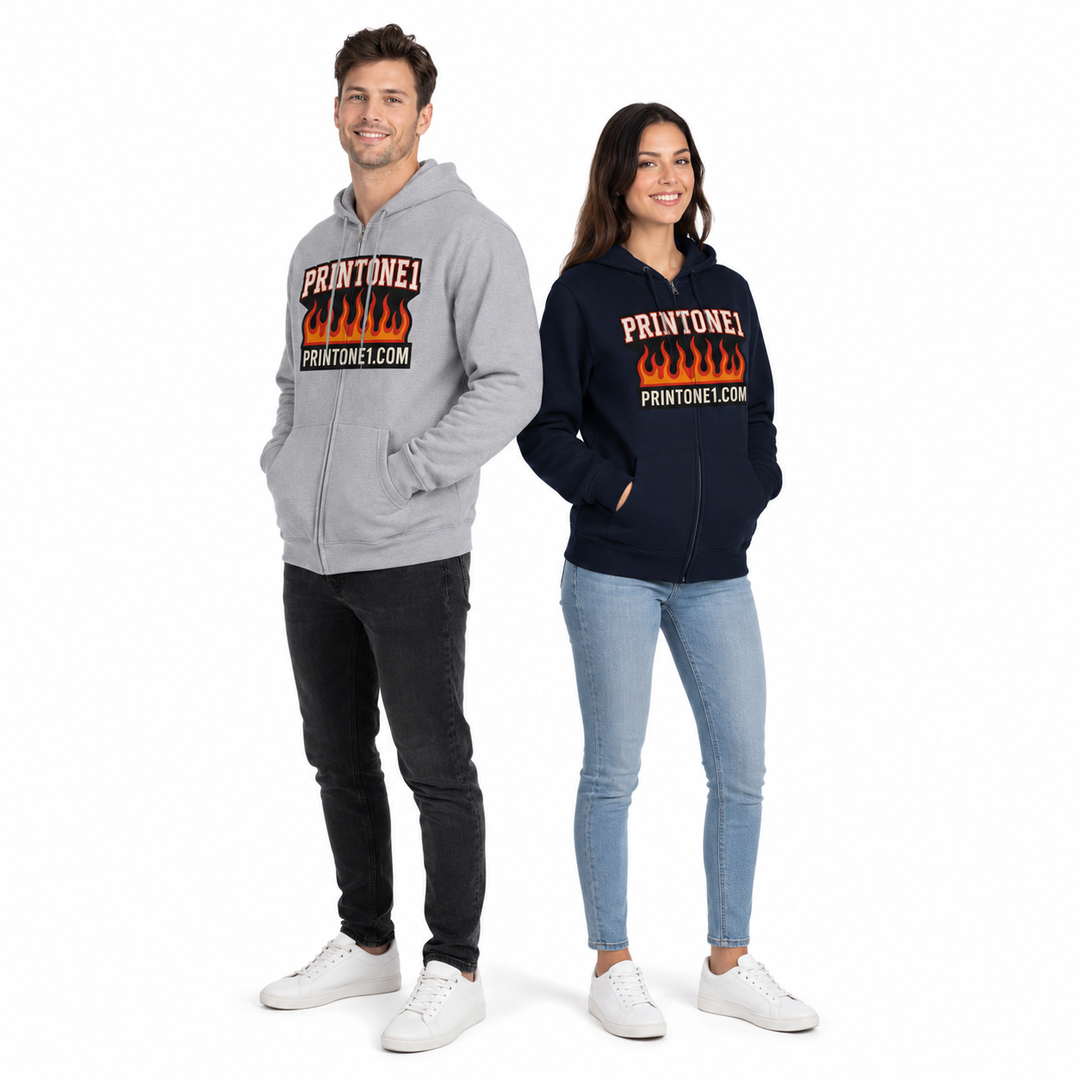 Male and female models wearing Heather Grey and navy flame graphic zip hoodies on white background
