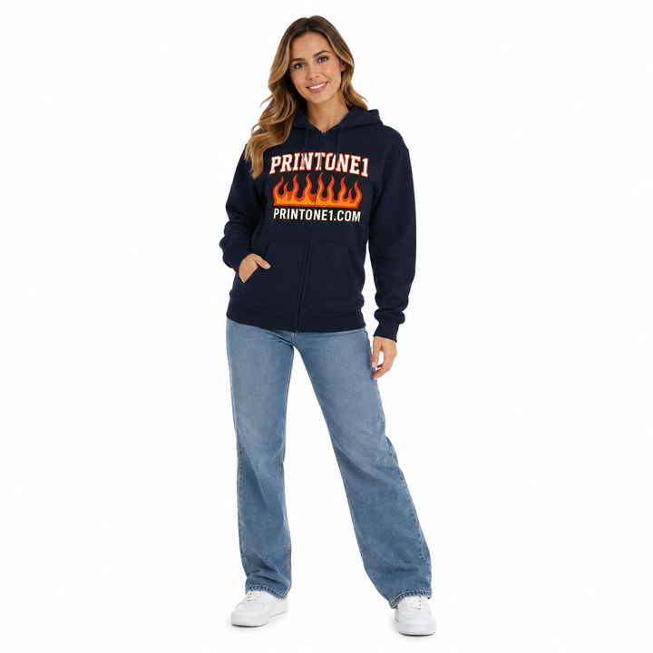 Female model wearing navy flame graphic zip hoodie on white background
