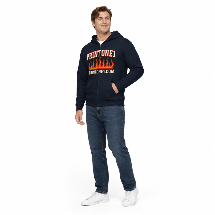 Male model wearing navy flame graphic zip hoodie for streetwear on white background