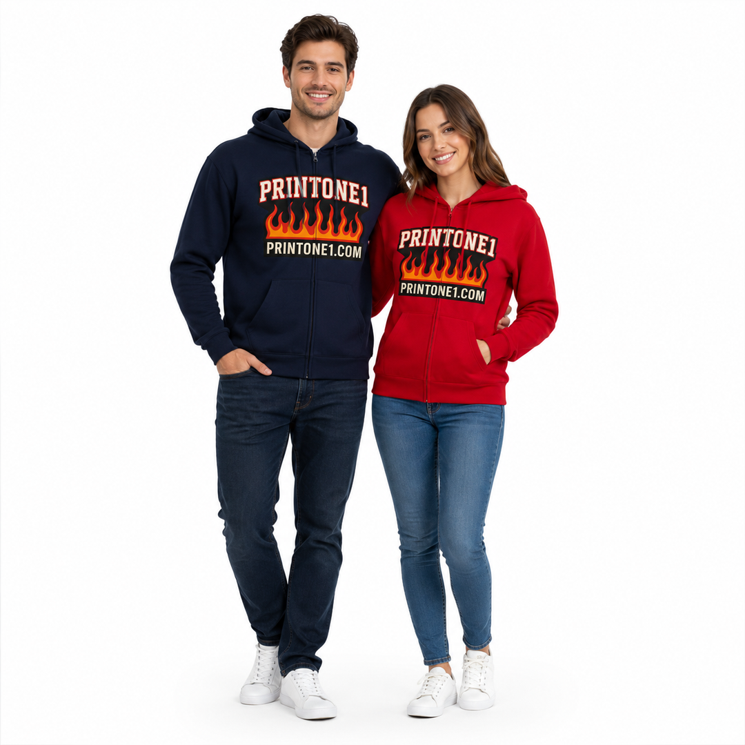 Male and female models wearing navy and red flame graphic zip hoodies on white background