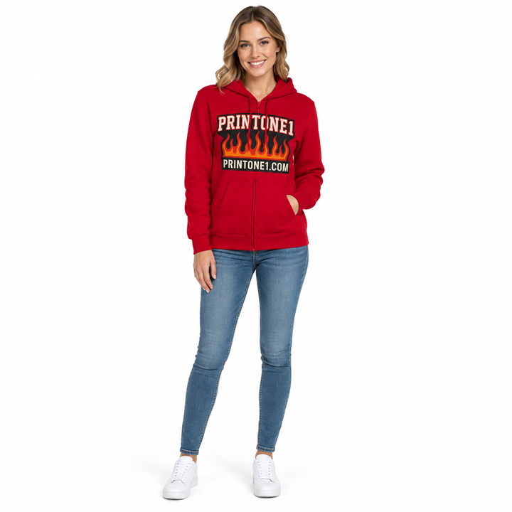 Female model wearing red flame graphic zip hoodie on white background