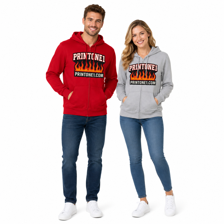 Male and female models wearing red and Heather Grey flame graphic zip hoodies on white background