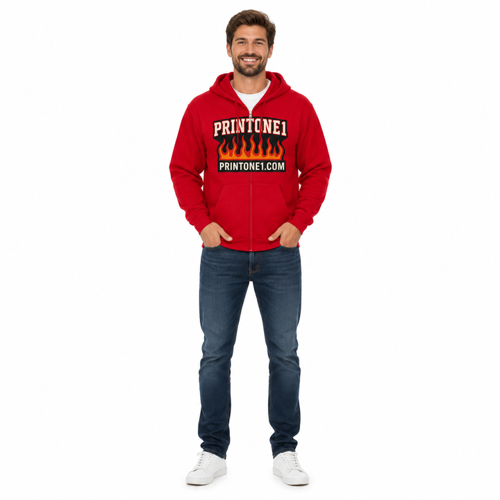 Male model wearing red fire graphic zip hoodie on white background