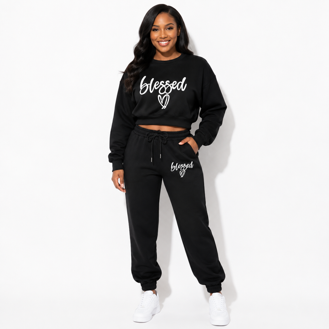 Black fleece two-piece set front view with Blessed print