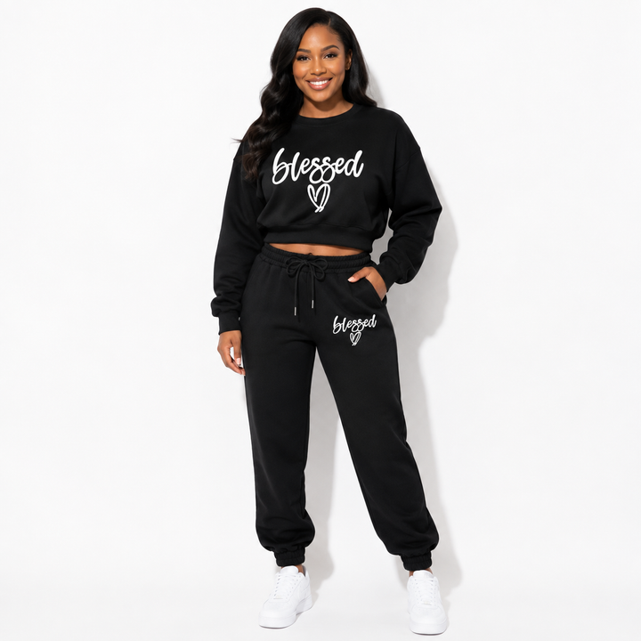 Black fleece two-piece set front view with Blessed print