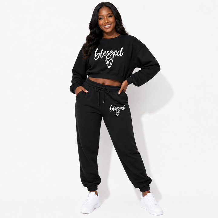 Black Blessed fleece two-piece set commercial model view