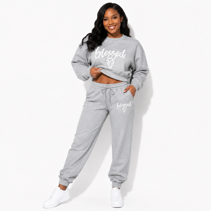 Grey fleece two-piece set relaxed comfort pose