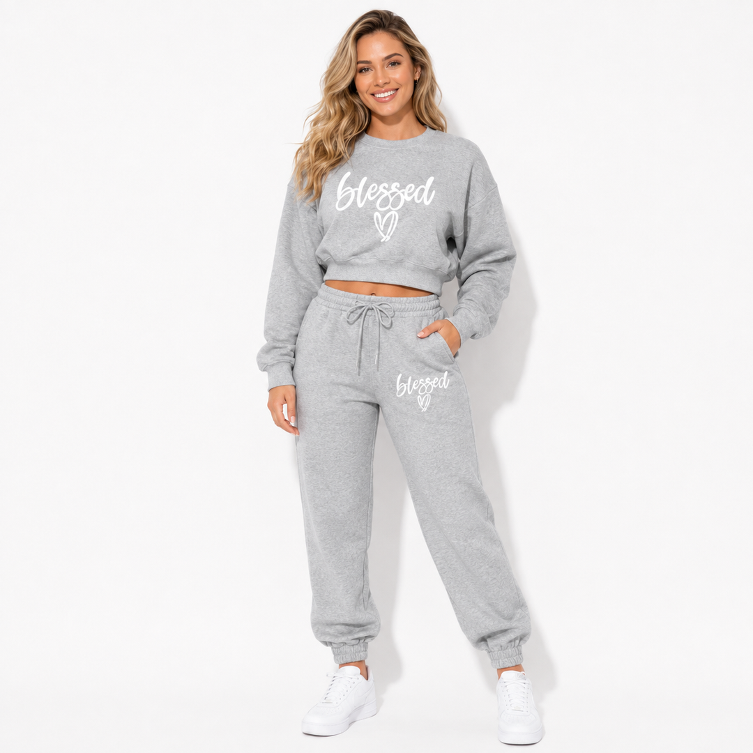Grey Blessed fleece two-piece set lifestyle model image