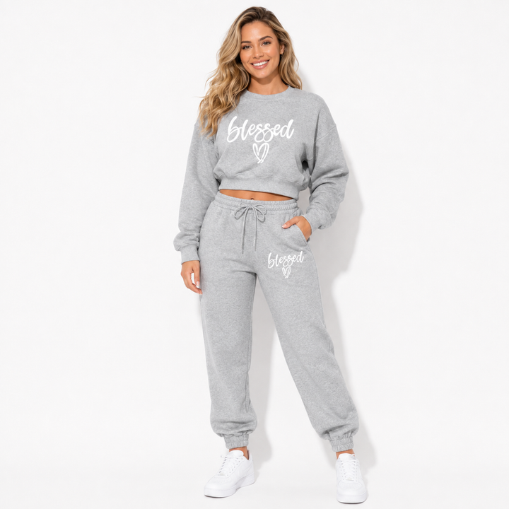 Grey Blessed fleece two-piece set lifestyle model image