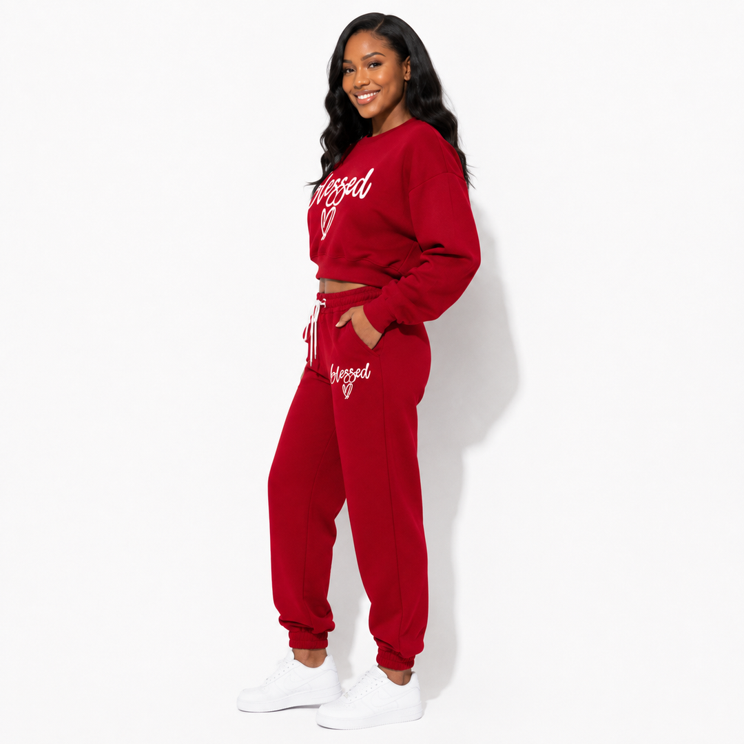 Red fleece two-piece set side view with Blessed print