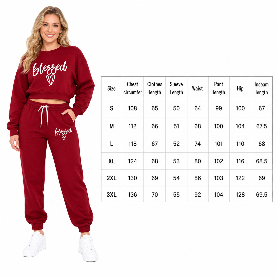 Fleece two-piece set size chart with red model