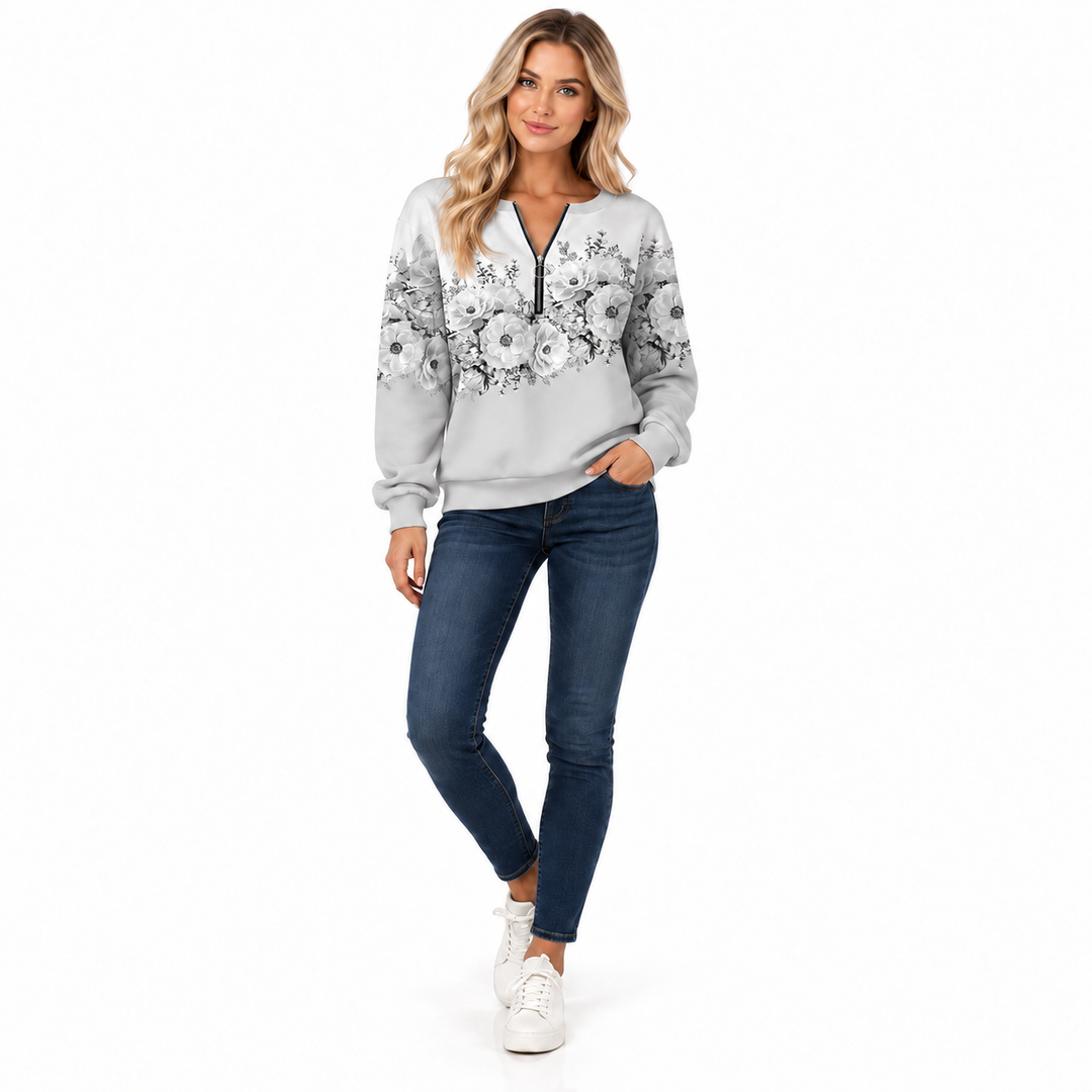 Gray floral quarter zip sweatshirt on model