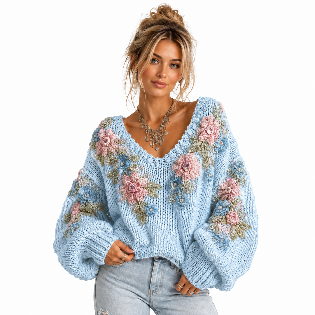 Blue floral knit sweater studio image