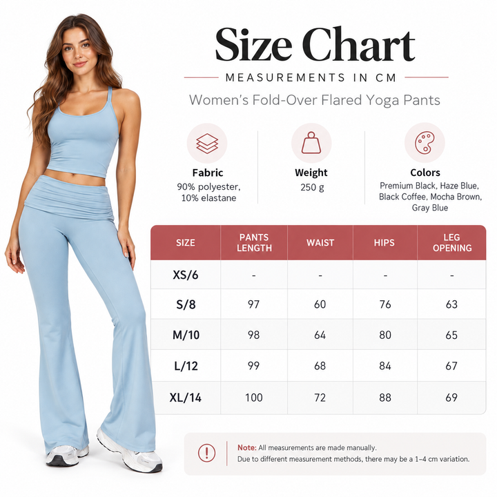 Fold over yoga pants size chart with S, M, L and XL measurements in centimeters