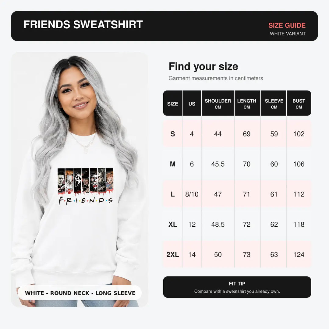 White FRIENDS sweatshirt size guide image for women showing S to 2XL measurements beside a model wearing the graphic pullover