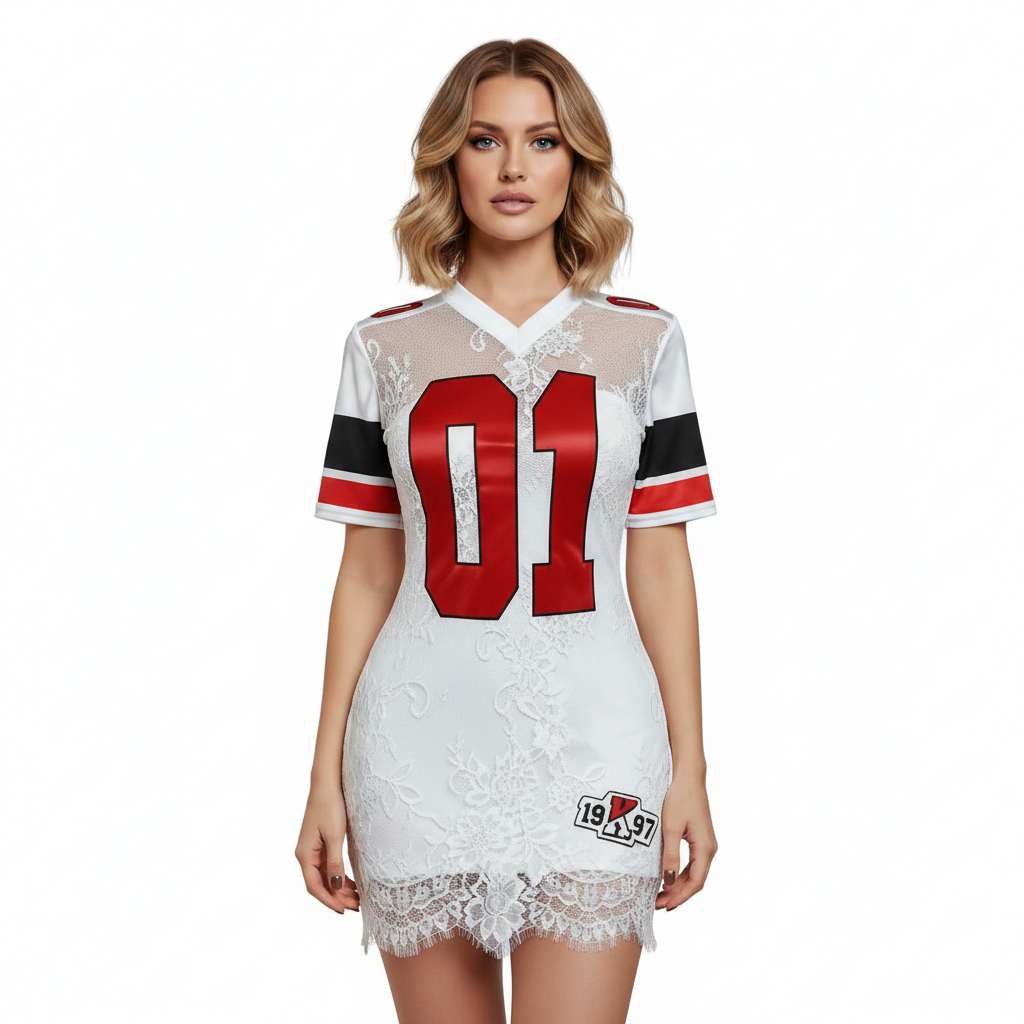 White lace embroidered short dress with high waist fit, A-line skirt, short sleeves and sporty red detail for evening styling