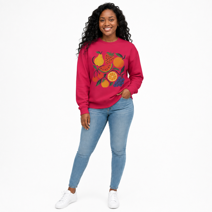 Fruit garden unisex sweatshirt magenta commercial pose on Black woman model