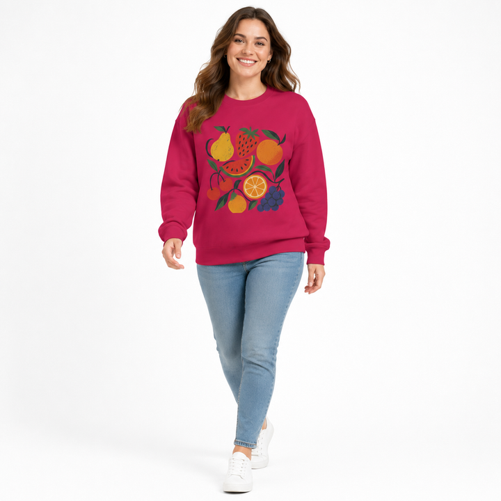 Fruit garden unisex sweatshirt magenta on woman model walking pose