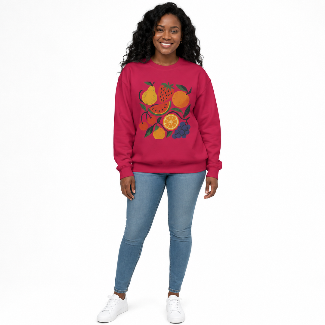 Fruit garden unisex sweatshirt in magenta on Black woman model front view