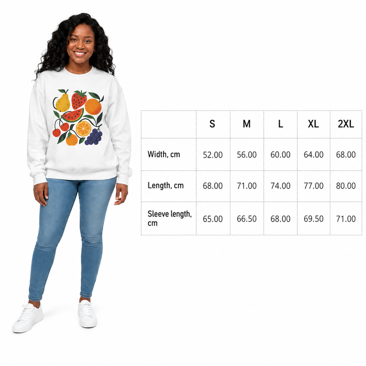 Fruit garden unisex sweatshirt white on model with size chart in centimeters