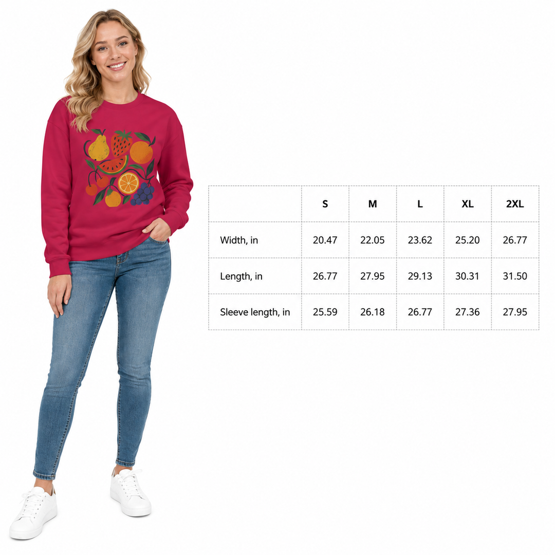 Fruit garden unisex sweatshirt magenta on model with size chart in inches