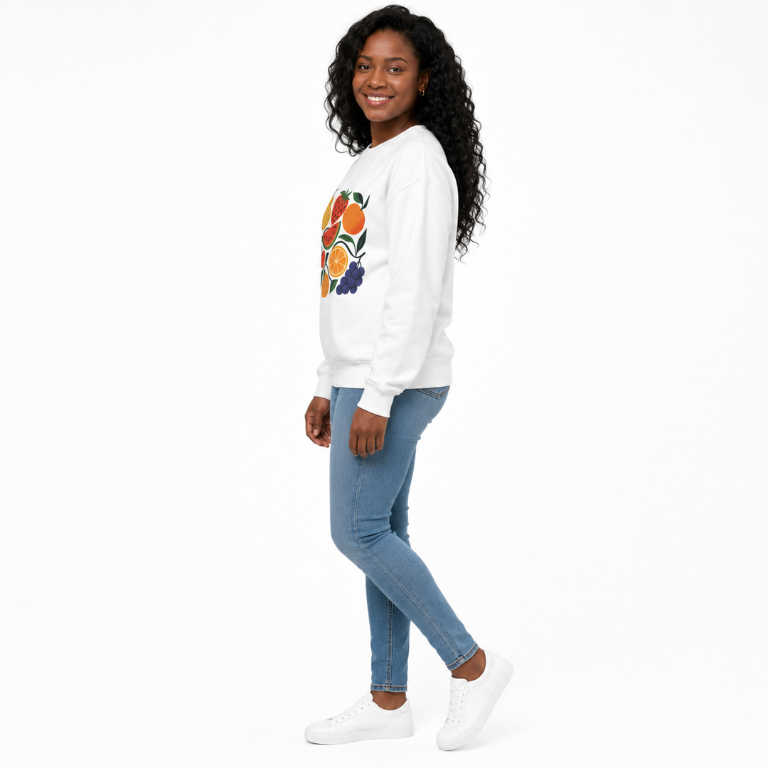 Fruit garden unisex sweatshirt white side view on Black woman model