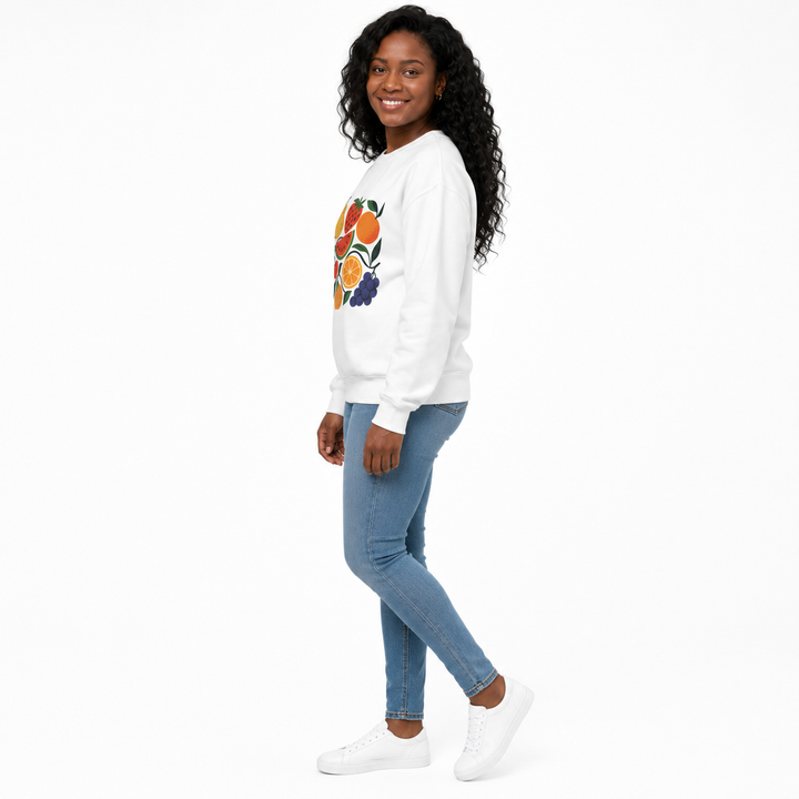 Fruit garden unisex sweatshirt white side view on Black woman model