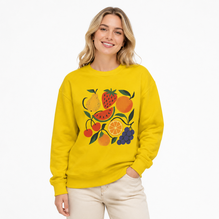 Fruit garden unisex sweatshirt yellow lifestyle pose on woman model
