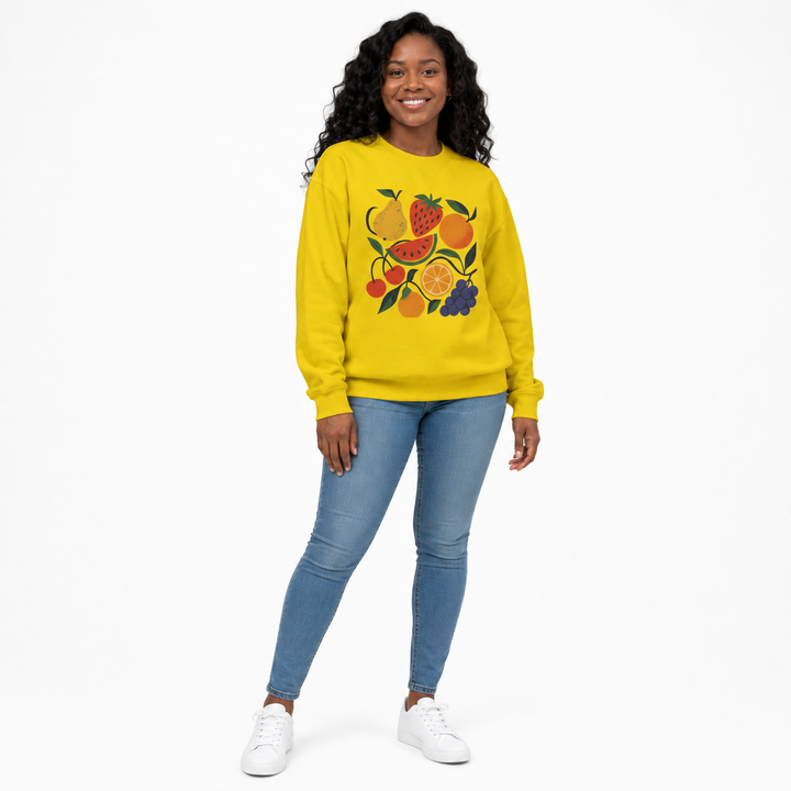 Fruit garden unisex sweatshirt yellow three quarter view on Black woman model