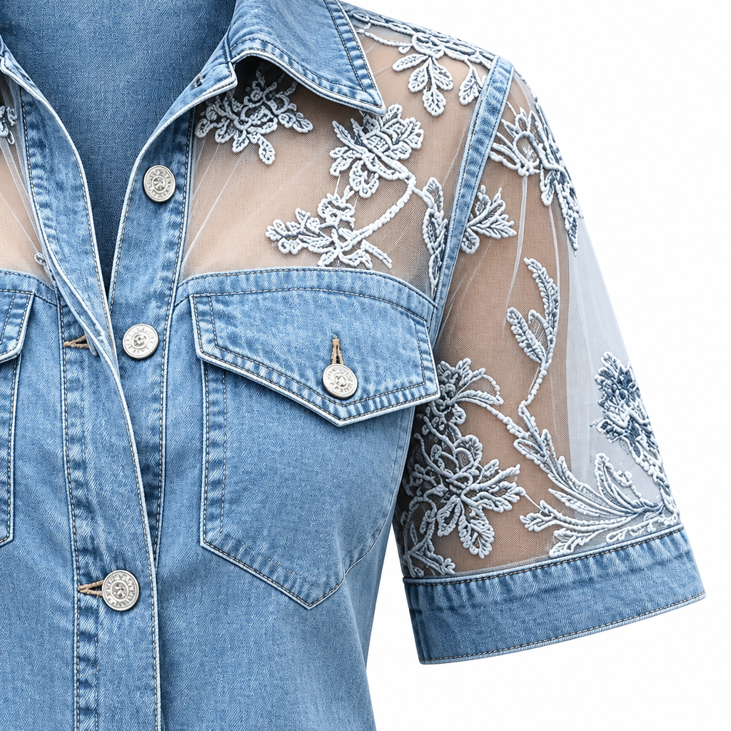 Buttoned front and short sleeve detail on the denim look lace blouse