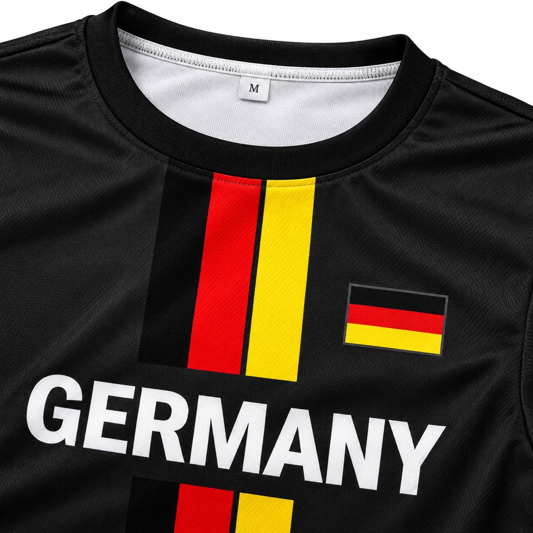 Germany football jersey black tricolor collar and print detail
