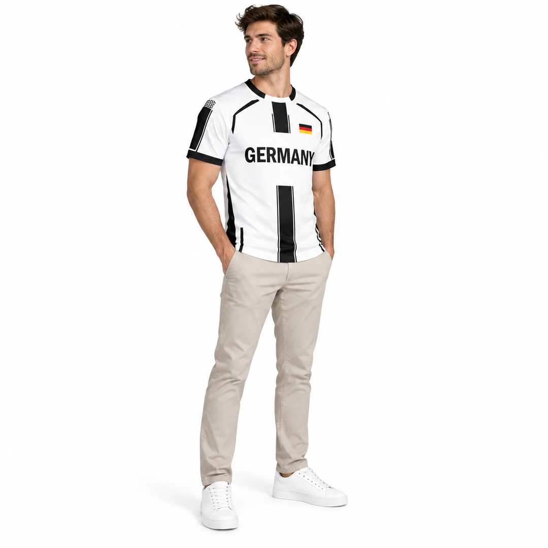 Germany football jersey white black trim three-quarter styling