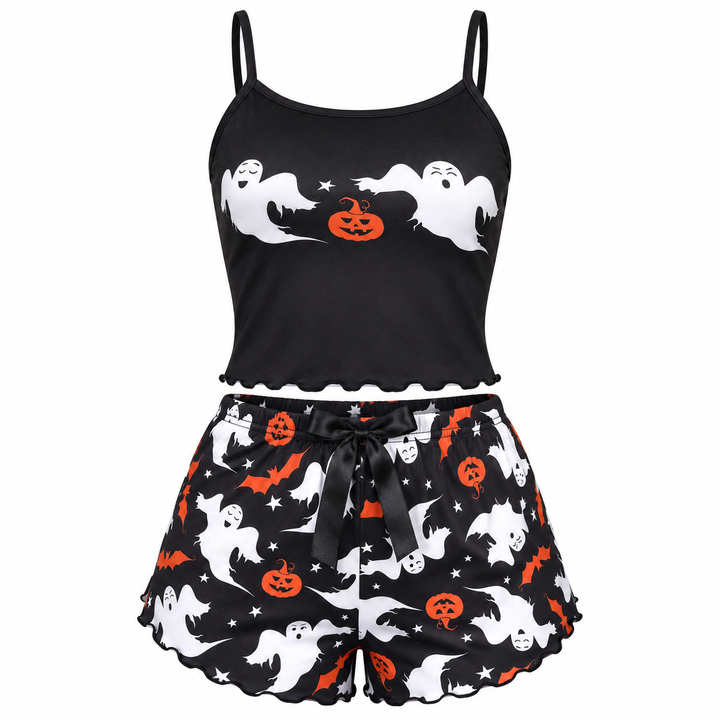 Black ghost pumpkin cami and matching printed shorts product-only front view