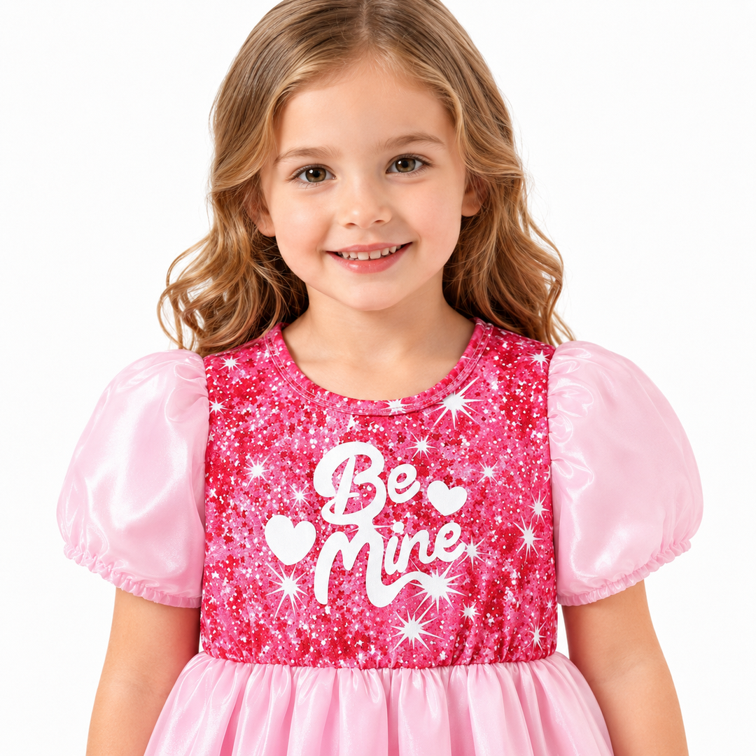 Close-up of the pink sequin bodice, Be Mine graphic and satin puff sleeves on a child model.